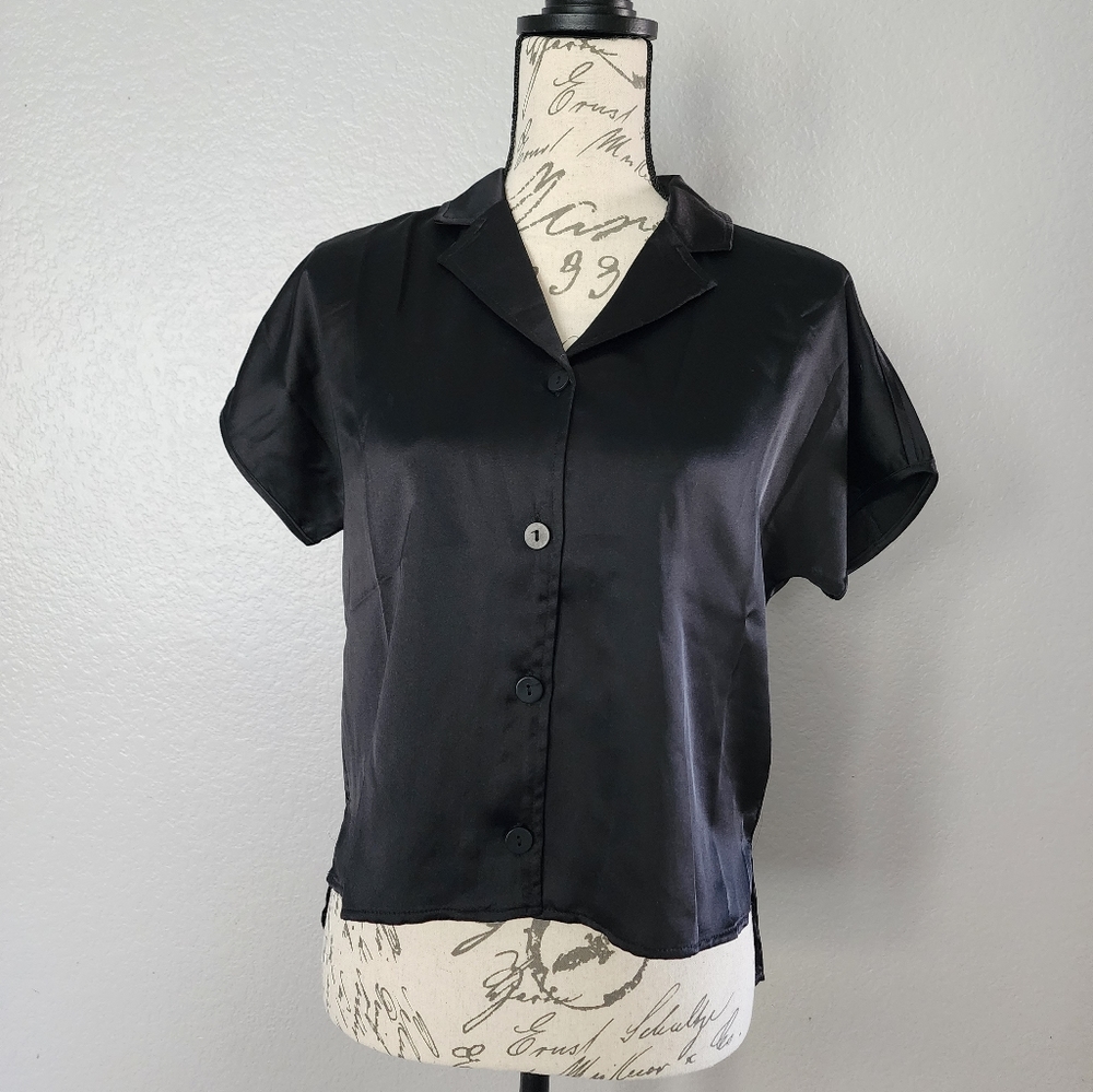 Rachel Zoe Short Sleeve Collared Satin Blouse